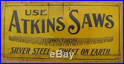 1910s EC ATKINS CROSSCUT SAW SIGN 7x14 Embossed Tin/Steel LOGGING VTG ANTIQUE