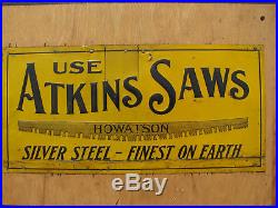 1910s EC ATKINS CROSSCUT SAW SIGN 7x14 Embossed Tin/Steel LOGGING VTG ANTIQUE