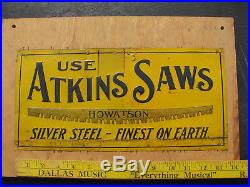 1910s EC ATKINS CROSSCUT SAW SIGN 7x14 Embossed Tin/Steel LOGGING VTG ANTIQUE