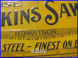 1910s EC ATKINS CROSSCUT SAW SIGN 7x14 Embossed Tin/Steel LOGGING VTG ANTIQUE