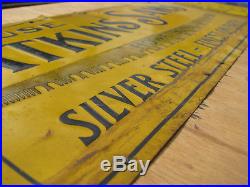 1910s EC ATKINS CROSSCUT SAW SIGN 7x14 Embossed Tin/Steel LOGGING VTG ANTIQUE