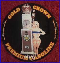 1923 Vintage Gold-crown Gasoline Pinup 12 Inch Round Porcelain Advertising Sign