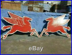 1940 Old Vintage Very Rare Horse Pair Mobil Gas Oil Porcelain Enamel Sign Board