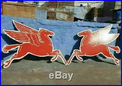 1940 Old Vintage Very Rare Horse Pair Mobil Gas Oil Porcelain Enamel Sign Board