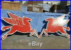 1940 Old Vintage Very Rare Horse Pair Mobil Gas Oil Porcelain Enamel Sign Board