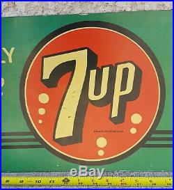 1940's 7up sign tin sign 11 x 28 Vintage Soda Pop we proudly serve it likes you