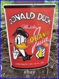 1950's Vintage Donald Duck Orange Juice Oil Gasoline Soda Pop Porcelain Sign 1950's Vintage Donald Duck Orange Juice Oil Gasoline Soda Pop Porcelain Sign