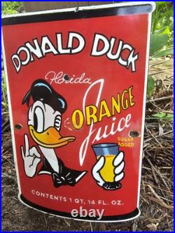 1950's Vintage Donald Duck Orange Juice Oil Gasoline Soda Pop Porcelain Sign 1950's Vintage Donald Duck Orange Juice Oil Gasoline Soda Pop Porcelain Sign