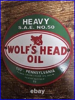 1950's Vintage Wolf's Head Oil Gas Station Porcelain Sign