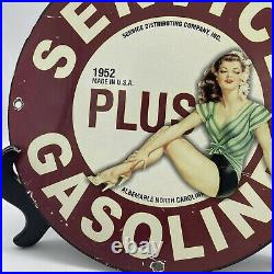 1952 Vintage''service Plus Gasoline'' 12 Inch Gas & Oil Porcelain Dealer Sign