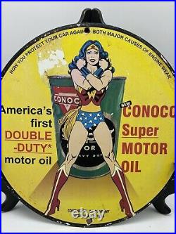 1954 Vintage Conoco Wonder Woman Plate Porcelain Enameled Sign 12 Inch