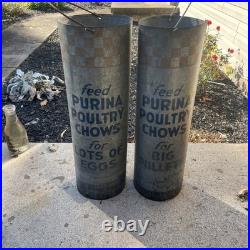 2 PURINA POULTRY CHOWS Tube Feeder Feed Seed Farm Advertising Sign vintage