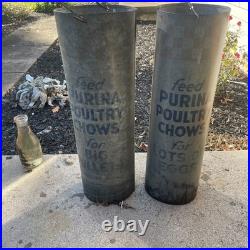 2 PURINA POULTRY CHOWS Tube Feeder Feed Seed Farm Advertising Sign vintage
