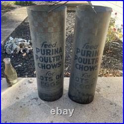 2 PURINA POULTRY CHOWS Tube Feeder Feed Seed Farm Advertising Sign vintage