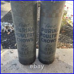 2 PURINA POULTRY CHOWS Tube Feeder Feed Seed Farm Advertising Sign vintage