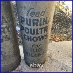 2 PURINA POULTRY CHOWS Tube Feeder Feed Seed Farm Advertising Sign vintage