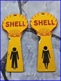 2-VINTAGE SHELL PORCELAIN SIGNS BATHROOM KEY FOB MENS LADIES BATHROOM 7.5x3.5