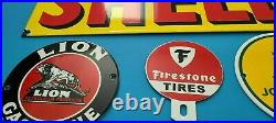 4 Vintage Shell Gasoline Porcelain Lion Gas, Firestone Tires Topper, Deere Sign