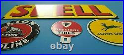 4 Vintage Shell Gasoline Porcelain Lion Gas, Firestone Tires Topper, Deere Sign