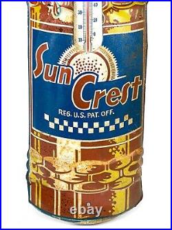 50s Vintage Sun Crest Pressed Tin Not Porcelain Bottle Thermometer Sign WORKS