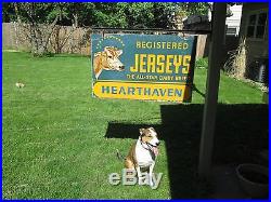 Advertising Vintage 2 Sided Metal Sign&Bracket Jersey Cow Hearthaven Dairy