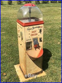Antique SEZ POP CORN Warmer Advertising Sign Gas Oil Vending Machine Coin Op VTG