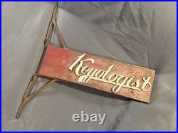 Antique Two Sided Wood & Metal Flange Keyologist Advertising Sign locksmith keys