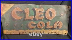 Antique Vintage 1939 Drink Cleo Cola For Goodness Sake Stamped Metal Sign RARE