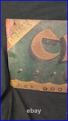 Antique Vintage 1939 Drink Cleo Cola For Goodness Sake Stamped Metal Sign RARE