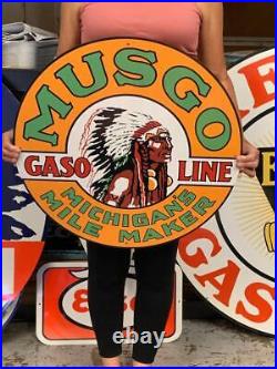 Antique Vintage Old Style Sign Musgo Michigan 24 Round Gasoline Made USA