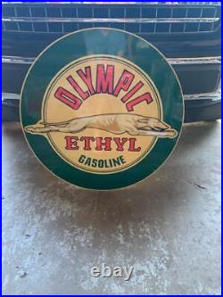 Antique Vintage Old Style Sign Olympic Ethyl Gas 30 Round Made USA