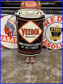 Antique Vintage Old Style Sign Veedol Oil Can Made USA