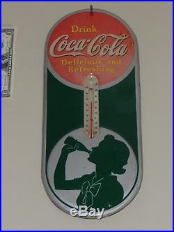 Antqe/Vtg Adv Thermometer Sign, COCA COLA SILHOUETTE Girl Soda1939, RARE, Org, USA