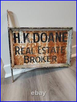 C. 1920s Original Vintage Real Estate Broker Sign Metal Flange 100yrs Old Gas Oil