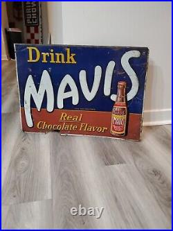C. 1930s Original Vintage Drink Mavis Chocolate Drink Sign Metal Embossed Tin Gas