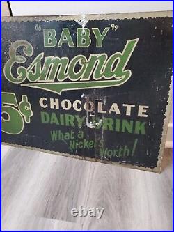 C. 1940s Original Vintage Baby Esmond Chocolate Dairy Drink Sign Metal Tin Nickel