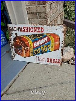 C. 1940s Original Vintage Bunny Bread Sign Metal Old Fashioned Buttermilk Grocery