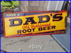 C. 1940s Original Vintage Dad's Rootbeer Sign Metal Embossed Old Fashioned Soda