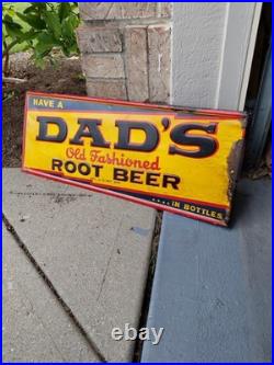 C. 1940s Original Vintage Dad's Rootbeer Sign Metal Embossed Old Fashioned Soda