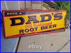 C. 1940s Original Vintage Dad's Rootbeer Sign Metal Embossed Old Fashioned Soda