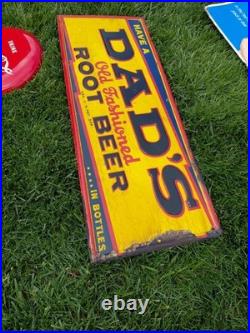 C. 1940s Original Vintage Dad's Rootbeer Sign Metal Embossed Old Fashioned Soda