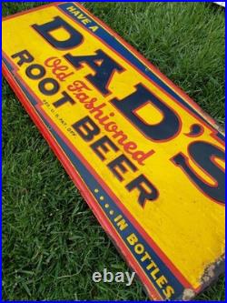 C. 1940s Original Vintage Dad's Rootbeer Sign Metal Embossed Old Fashioned Soda