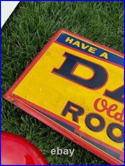 C. 1940s Original Vintage Dad's Rootbeer Sign Metal Embossed Old Fashioned Soda