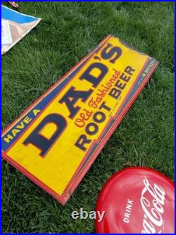 C. 1940s Original Vintage Dad's Rootbeer Sign Metal Embossed Old Fashioned Soda