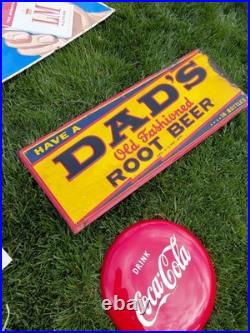 C. 1940s Original Vintage Dad's Rootbeer Sign Metal Embossed Old Fashioned Soda