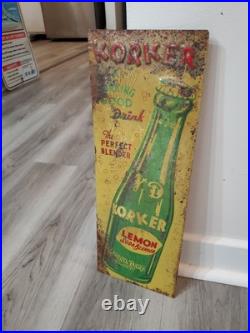 C. 1940s Original Vintage Korker Lemon Soda Blender Sign Metal Embossed Brooklyn C. 1940s Original Vintage Korker Lemon Soda Blender Sign Metal Embossed Brooklyn