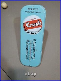 C. 1940s Original Vintage Orange Crush Soda Sign Metal Thermometer Thirsty Gas