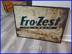 C. 1950 Original Vintage Fro-Zest Ice Cream Sign Metal 2 Side Wisonsin Creameries