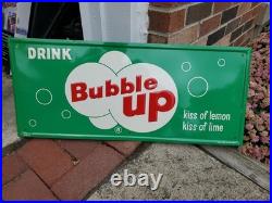 C. 1950s Original Vintage Drink Bubble Up Soda Sign Metal Embossed NOS MINT Kiss