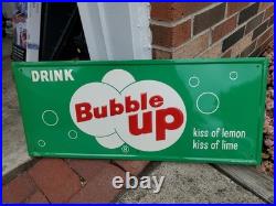 C. 1950s Original Vintage Drink Bubble Up Soda Sign Metal Embossed NOS MINT Kiss